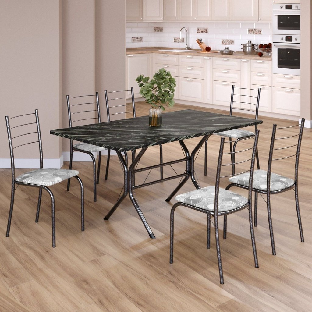Conjunto Sala de Jantar Mesa Retangular 140x75cm Tampo Ardósia Indiana 6 Cadeiras Rio Paraopeba/Mart Prata