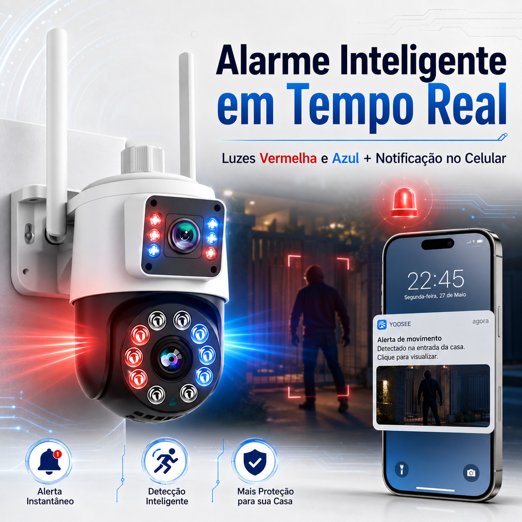 Câmera Externa WiFi 4MP com Duas Câmeras PTZ Visão Infravermelha Full Color e Luz de Alerta