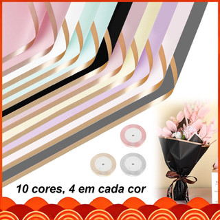 56x56 cm, 40 Peças Papel de Embrulho para Flores + 3 rolos de fita, colorido borda dourada, À Prova D'água, para Buquês