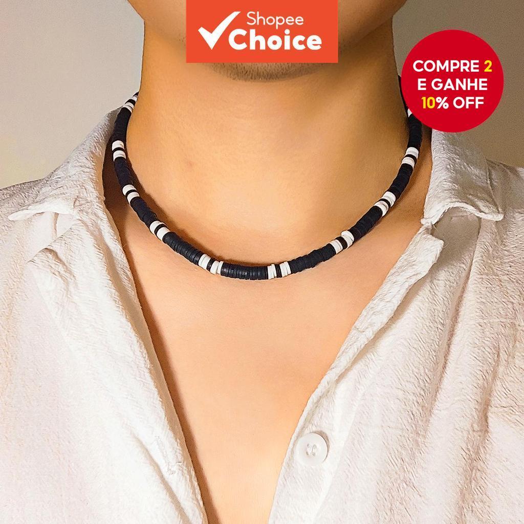 Gargantilha Masculina De Argila De Polímero Preta E Branca – Colar Curto Ajustável Com Contas Estilo Rua Para Festa em Oferta na Shopee