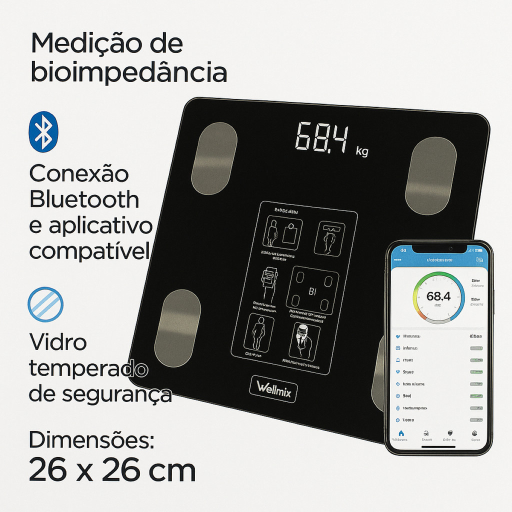 Balança Digital Bioimpedância 180kg Bluetooth App IMC Gordura Corporal Vidro Temperado Fitness Saúde