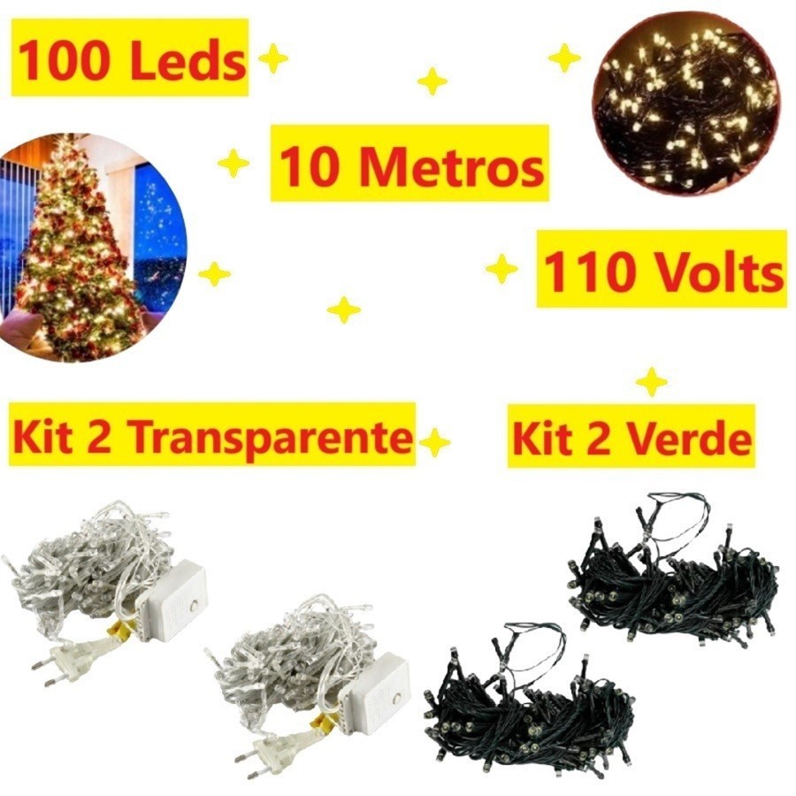 Kit 2 Caixa 100 Leds Pisca 10M 110V Natalino Fio Verde Ou Transparente Decorativo Multicolorido