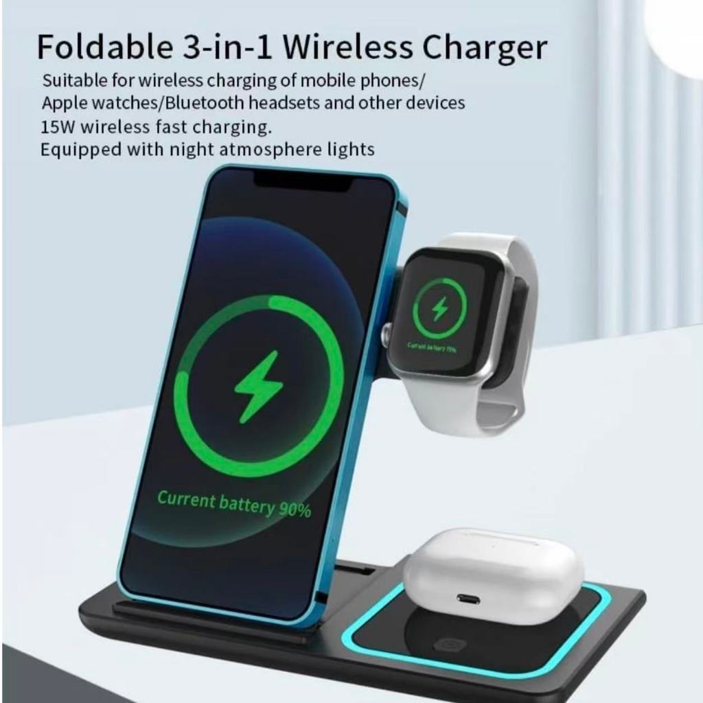 Carregador 3 em 1 Sem Fio Indutivo Rápido - Dock Station Preto para Celular, Relógio e Fone