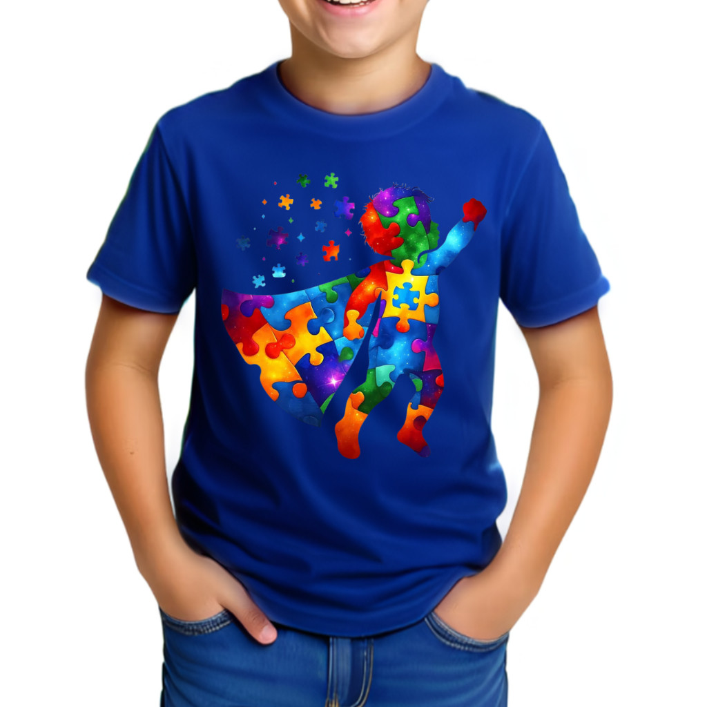 Camiseta Infantil Juvenil Autismo Super Heroi Camisa Estampada Autista 100% Algodão Criança Feliz