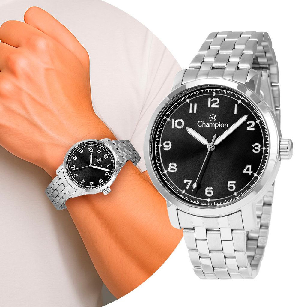 Relógio Masculino Preto e Prata de Pulso com Pulseira e Caixa de Aço Inoxidável Luxo Casual Social Champion Original