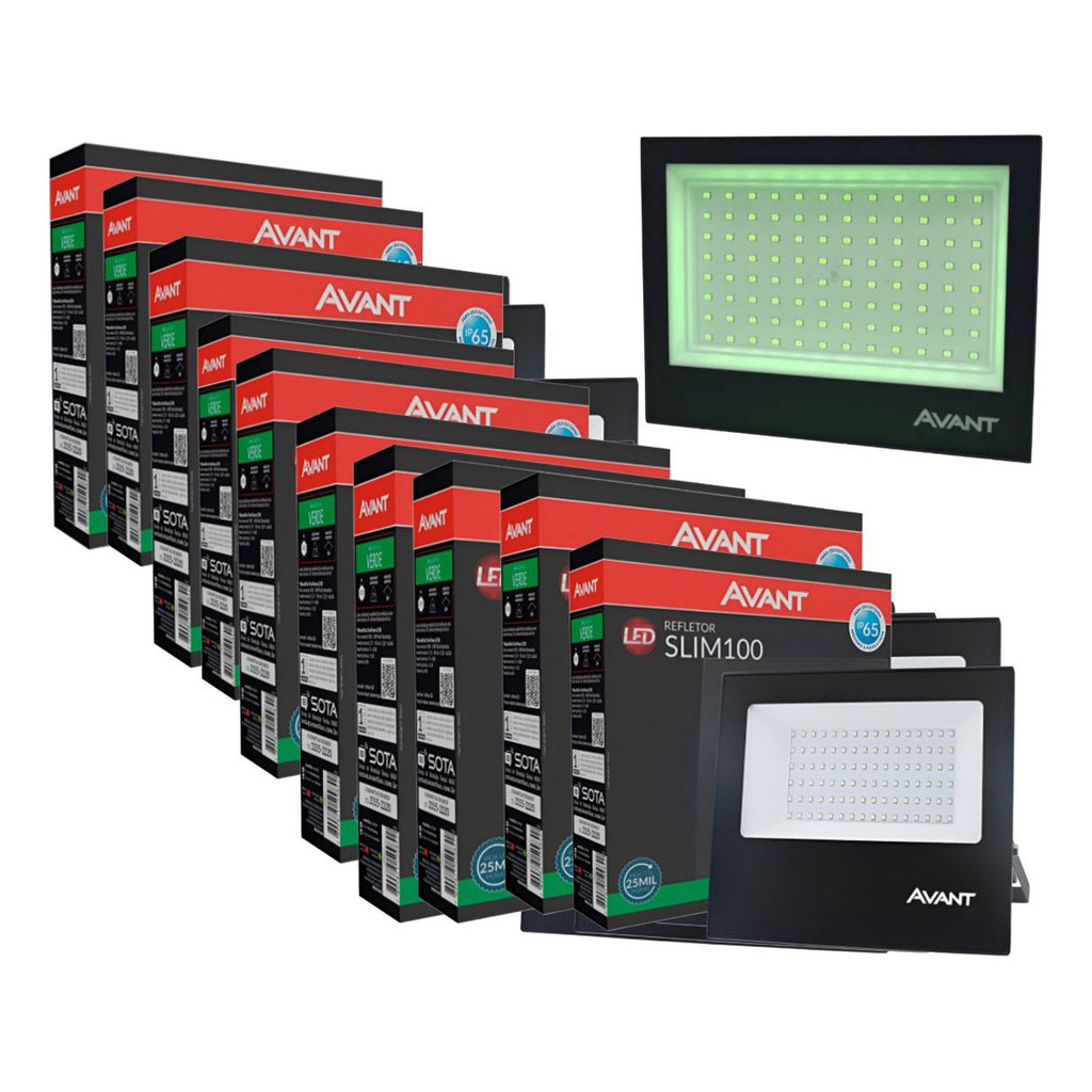 Kit 10 Refletor Slim Avant 100w Luz Cor Verd Bivolt Led Ip66