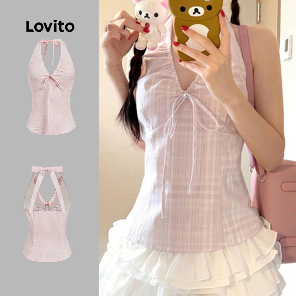 Lovito Blusa Casual Rosa Com Laço E Amarração Primavera/verão Para Mulheres L166AD221 em Oferta na Shopee