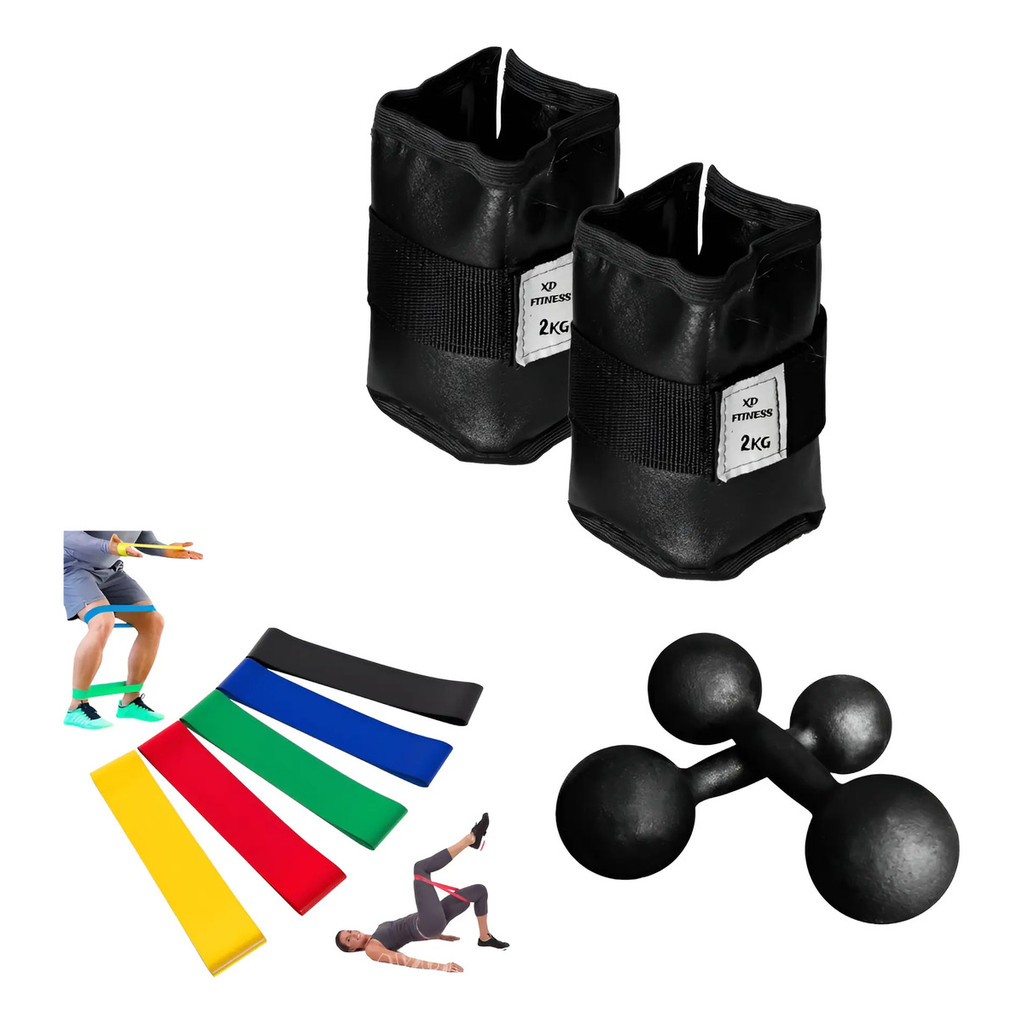 Kit Com Halteres 2kg Ferro + Caneleiras 2kg E Kit Mini Band