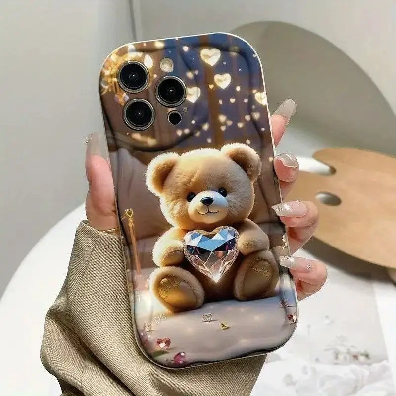 Bonito Urso Coração 2D Padrão Ondulado Borda Caso Para Samsung A17 A06 A56 A07 A16 A15 A57 A55 A35 A54 A26 A36 A14 Capa