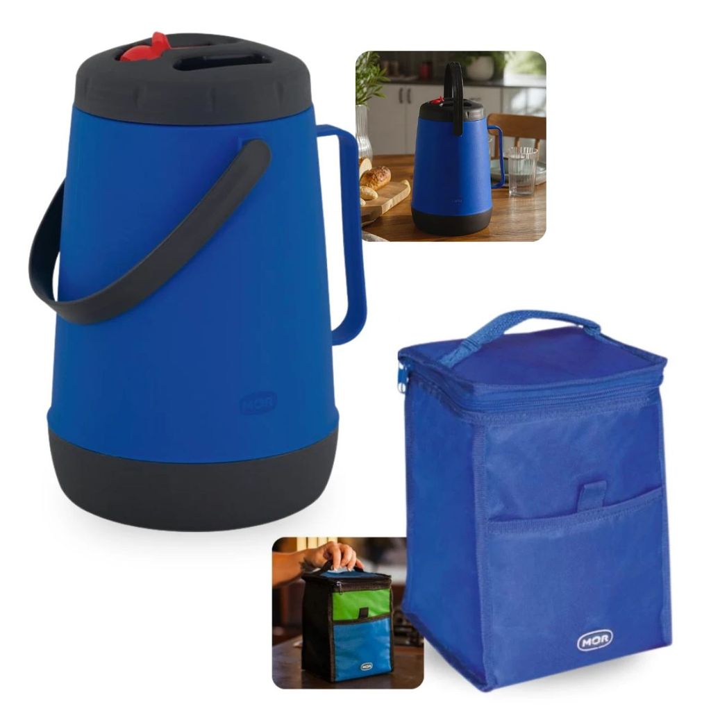 Kit Bolsa Termica 5l Compacta + Garrafa Termica 2,5 Lts com Bico Flip Azul Camping Pesca e Passeios