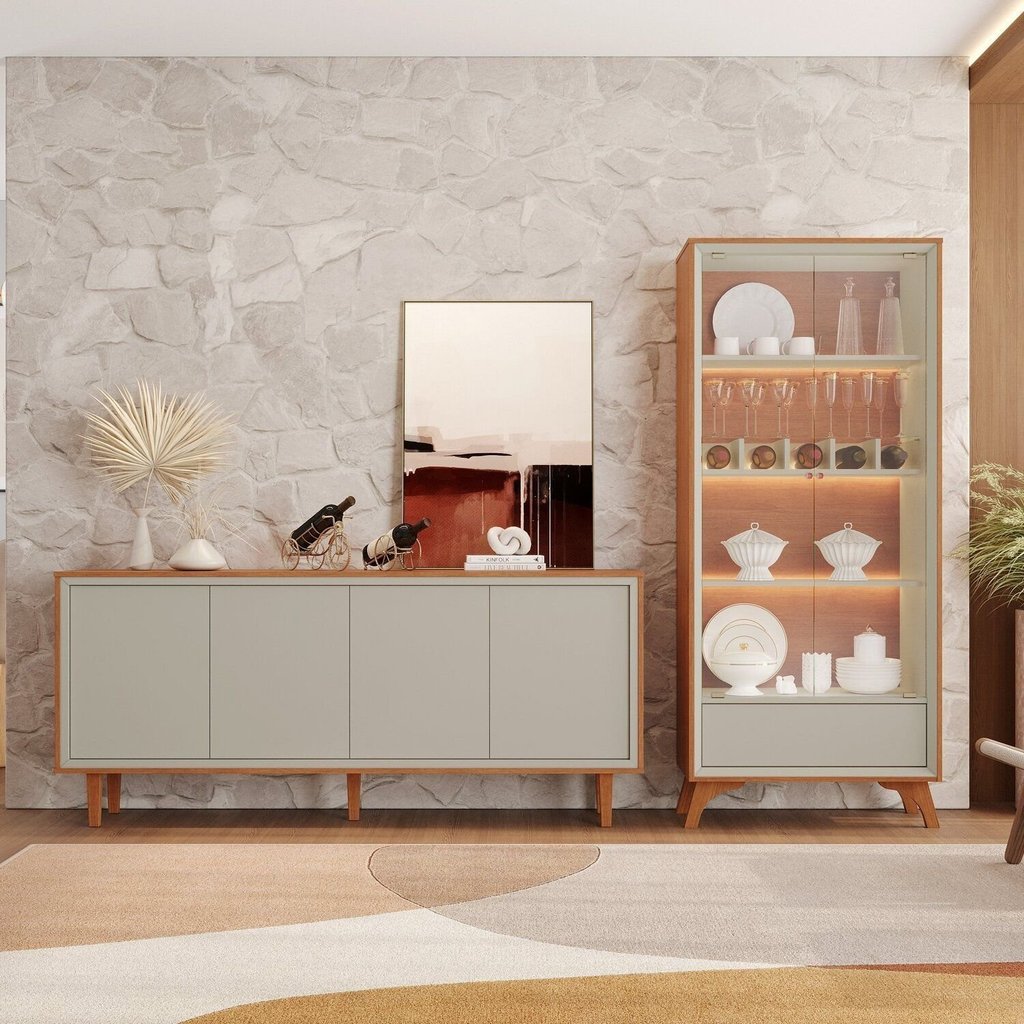 Kit 2 Peças com Cristaleira de Vidro e Buffet 4 Portas 100% MDF Prime Marrom