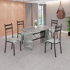 Conjunto Sala de Jantar Mesa Retangular 120x75cm Tampo Granito Topázio 4 Cadeiras Marselha Preto/Paraopeba/Fosco