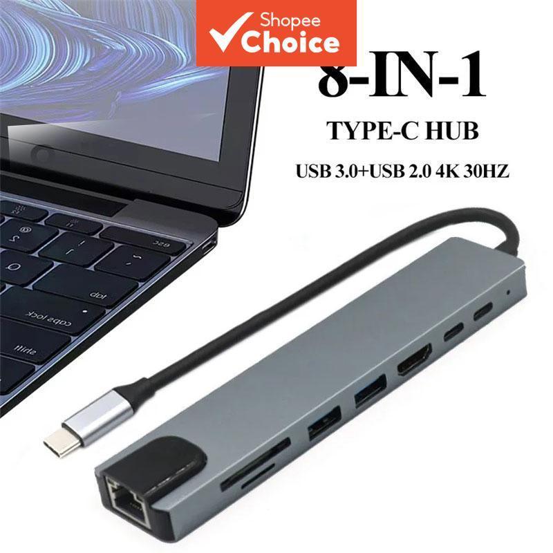 Hub USB Tipo C 8 Em 1 Com Adaptador De Leitor De Cartão SD TF 4K HDMI RJ45 Para Laptop PC