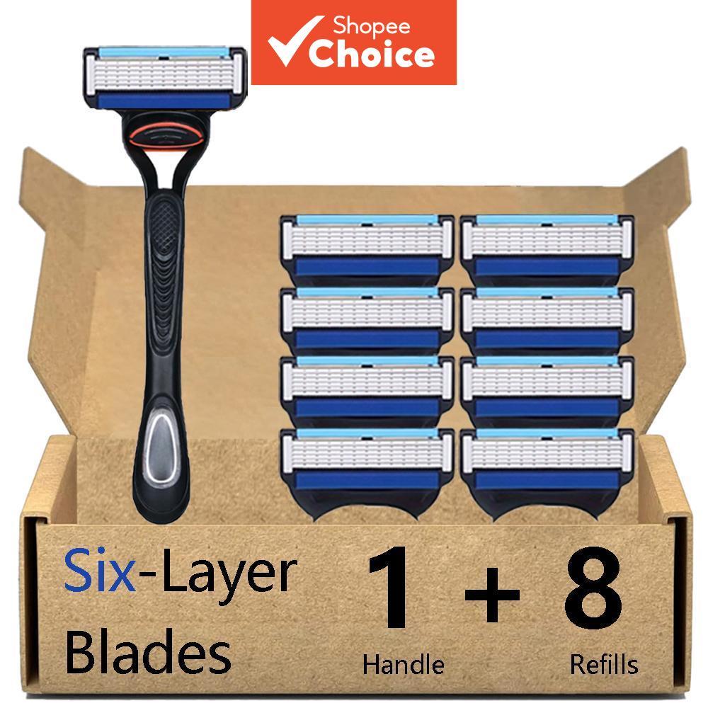 Barbeador Manual Seguro-1 Alça E 8 Lâminas , Fusão De 6 Camadas 5 Compatível Em Aço Inoxidável Para Uso Seco/Úmido
