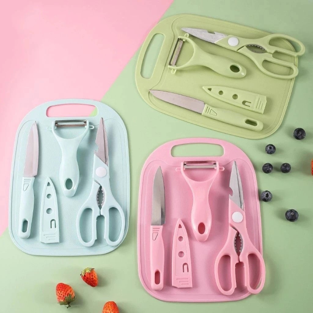 Kit 4 Utensílios Descascador Tábua  Alimentos Cortador Afiado Cozinha Faca Inox Tesoura Achadinhos Shopee