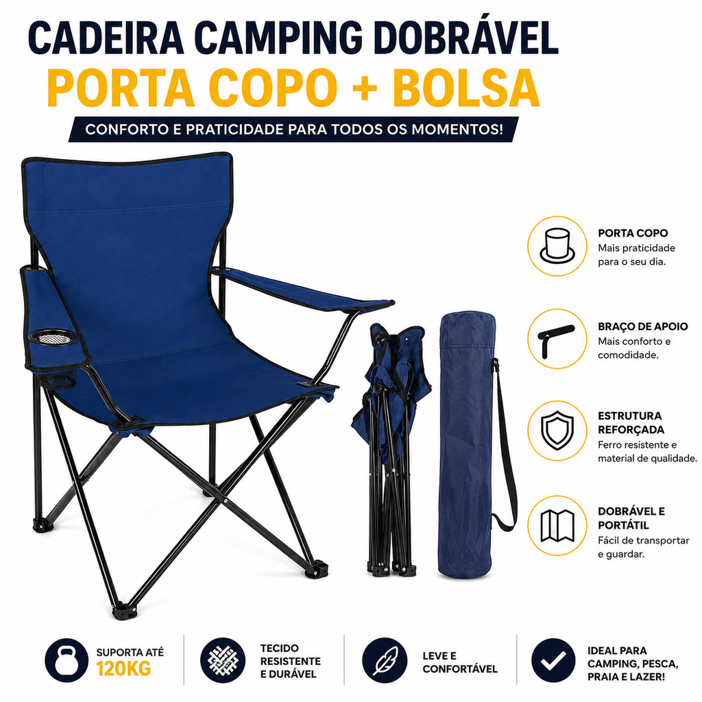 Cadeira Dobrável Retrátil Camping Pesca Praia Com Porta Copo Bolsa e Apoio de Braço