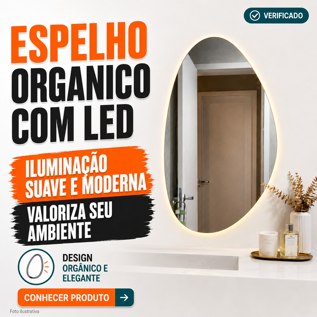Espelho Orgânico 85x55cm com LED Decorativo Para Quarto Sala Banheiro Studio de Maquiagem Camarim