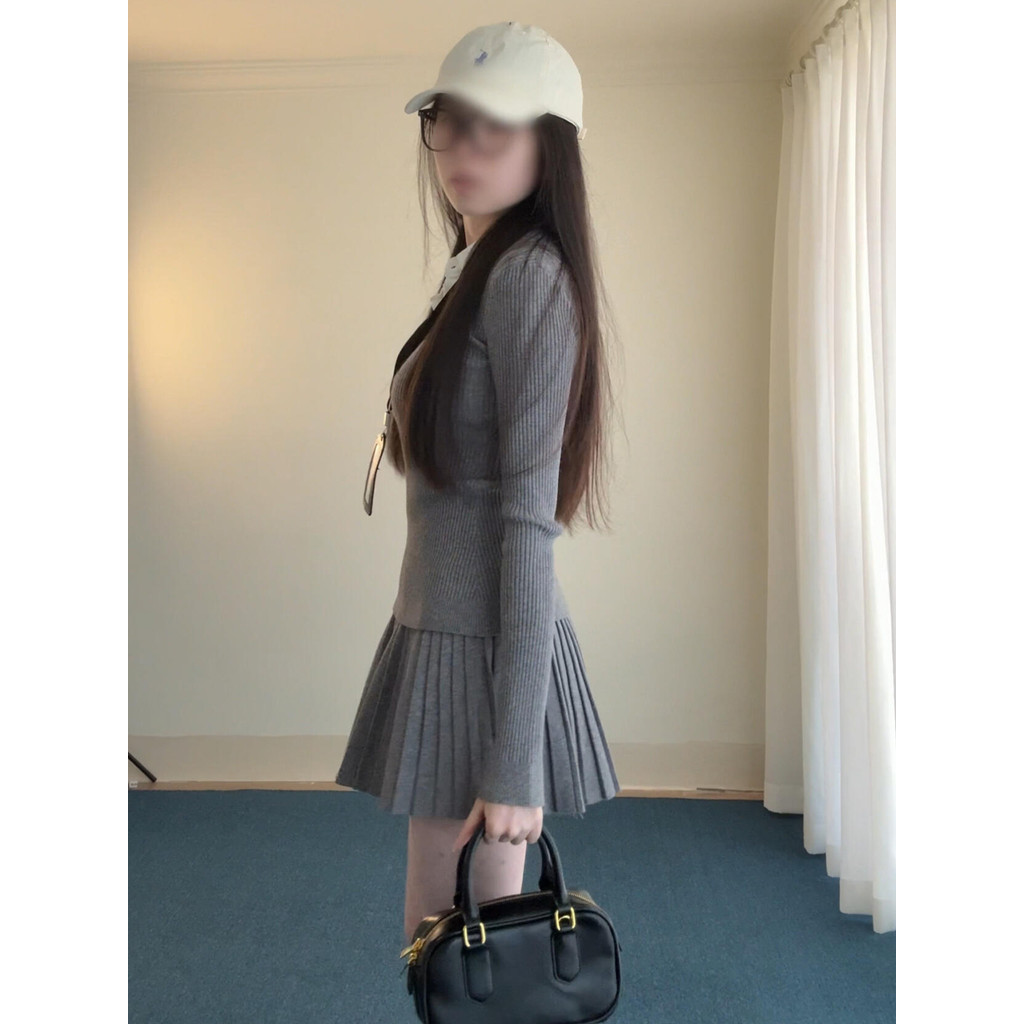 2026 novo estilo cinza malha camisola vestido feminino início do verão estilo coreano estilo Preppy usar terno saia plis
