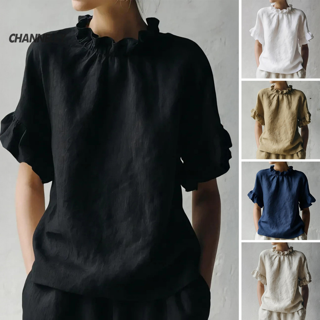 Women Tops Solid Color Blouse Women’s Summer Loose Fit O-neck Short Sleeve Ruffle Top Casual Pullover Lightweight Wear