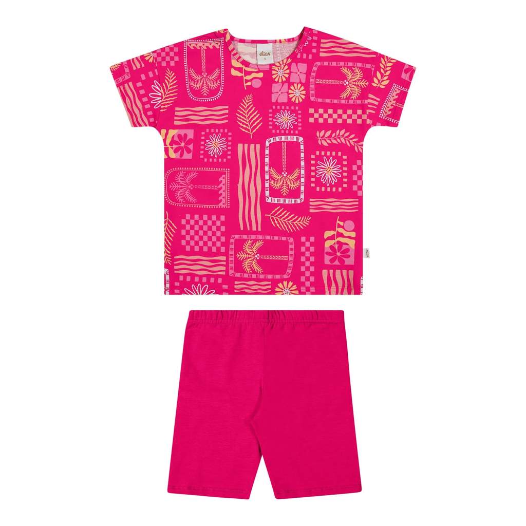 Conjunto Infantil Menina Elian com Shorts Ciclista e Blusa Rosa Tropical