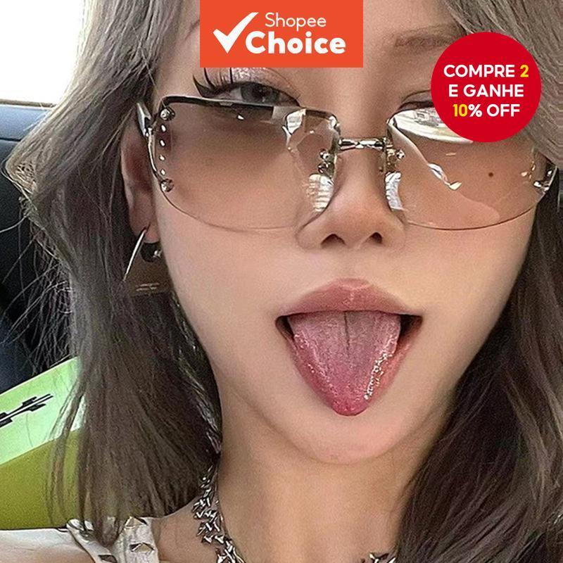 Diamante Y2K Óculos De Sol Feminino Sexy Sem Aro UV400 Estilo Ao Ar Livre Moda Tons em Oferta na Shopee
