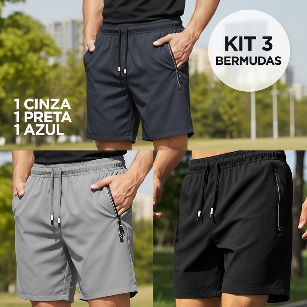 Kit 3 Bermudas Masculinas Esportiva Academia Treino Dry Fit Seca Rápido 80% Poliamida e 20% Elastano