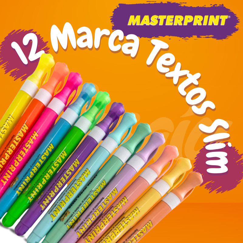 Kit 12 Marca Texto Caneta Slim (6 Neon + 6 pastel) Infantil Escolar Diversas Cores Masterprint