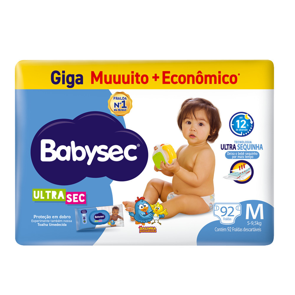 1 Pacote de Fralda BabySec Galinha Pintadinha Ultrasec M Giga – 92 Unidades- Preferida das Mamães 👩‍🍼