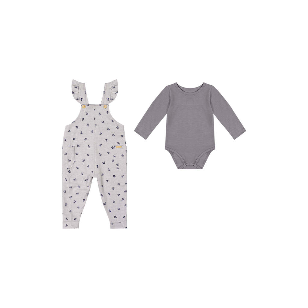 Detalhes do Conjunto Bebê Menina Body e Jardineira Floral Colorittá Cinza
