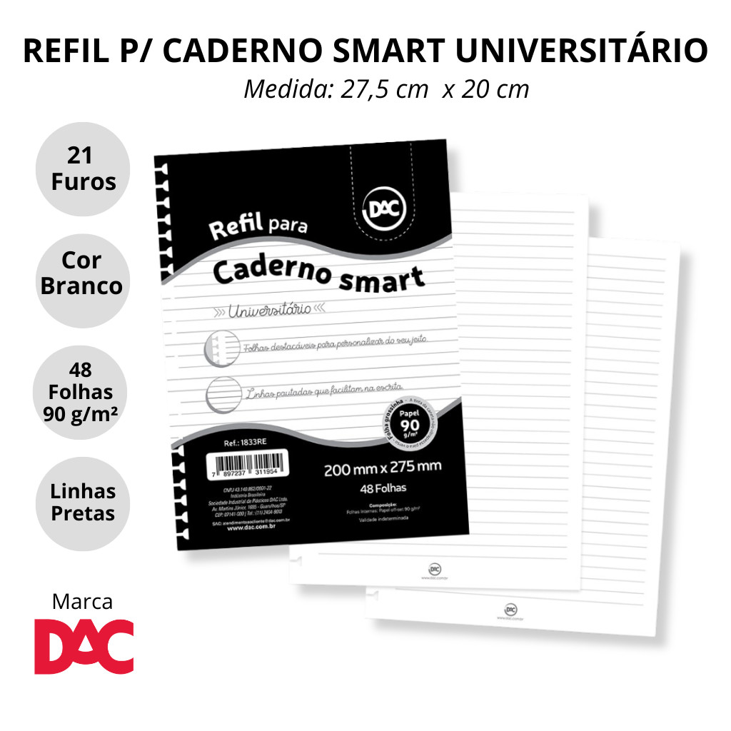 Refil de Folhas Reposicionável para Caderno Smart Universitário Branco - DAC em Oferta na Shopee