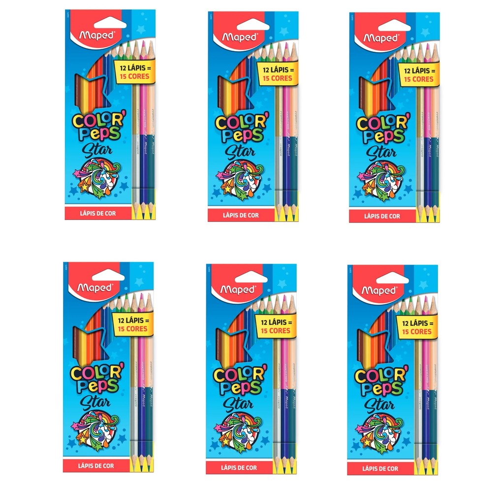 LÁPIS DE COR C/12 LÁPIS 15 CORES MAPED COLORPEPS STAR - KIT C/6un