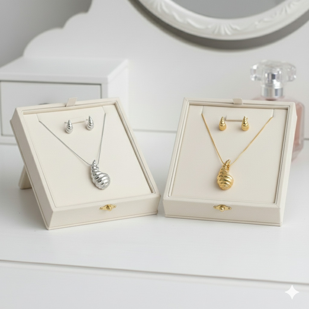 Conjunto de Colar e Brincos em Formato Concha Espiral Polida | Feminino | Banhado Ouro 18K | Antialérgico | Semijoia
