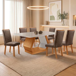 Mesa de Jantar Alvorada 180cm Tampo MDF Vidro Canto Copo com 6 Cadeiras Lira