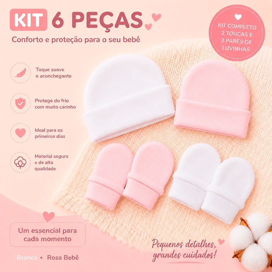 Touca Bebê RN com Luvinhas -  Feito em Suedine 100% Algodão - Pronta entrega - Kit 6 e 9 peças