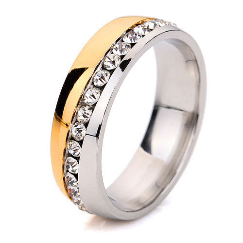 Anel de Diamante Feminino, Série Ouro, Ouro Bicolor, Incrustado de Diamantes, Aço Inoxidável, Anel de Aço Titânio 6EWO