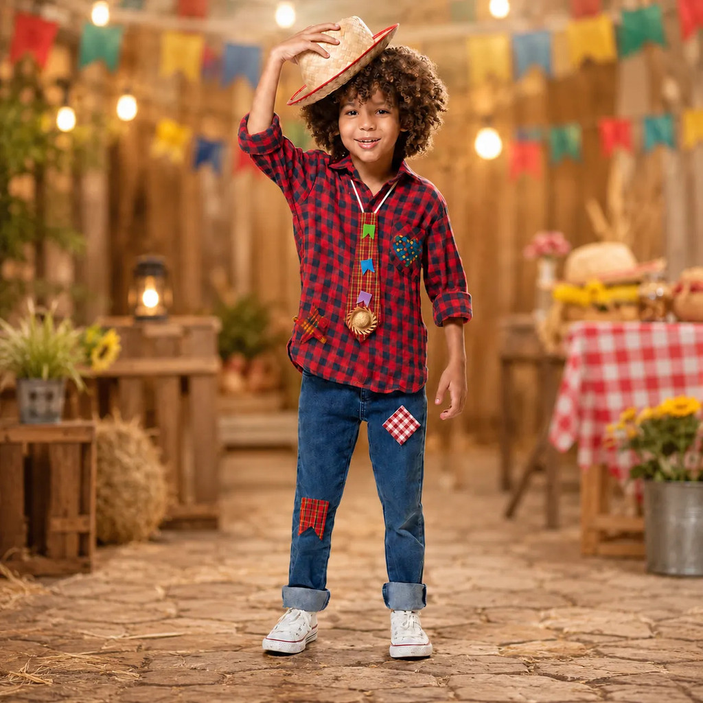 Kit Festa Junina Camisa Xadrez Menino Chapéu Gravata Remendo Envio Imediato