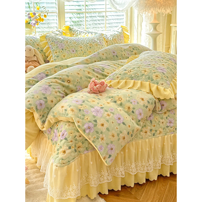 Inverno engrossado leite velo conjunto de quatro peças capa de cama estilo princesa francesa Coral velo colcha capa folh