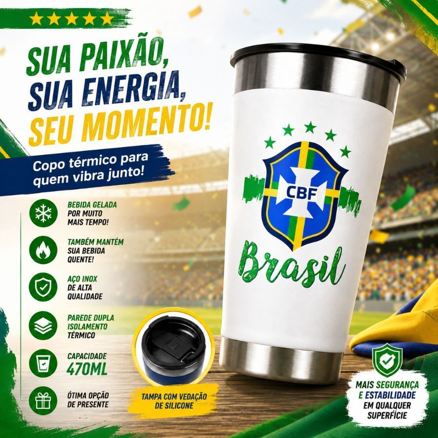 Copo Térmico Brasil Inox Personalizado 470ml com Tampa Antivazamento Parede Dupla Quente e Gelado Premium