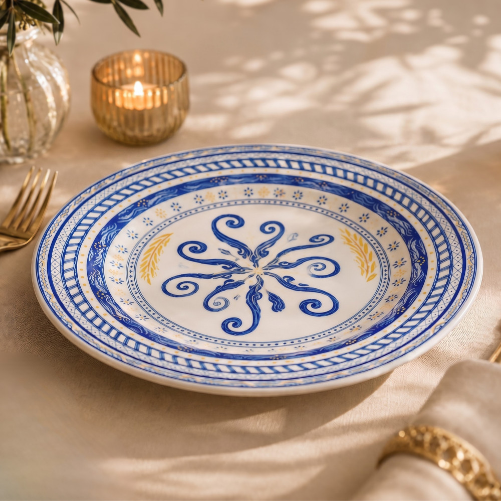 Prato Raso Donna Grano Biona Cerâmica Azul Decorado