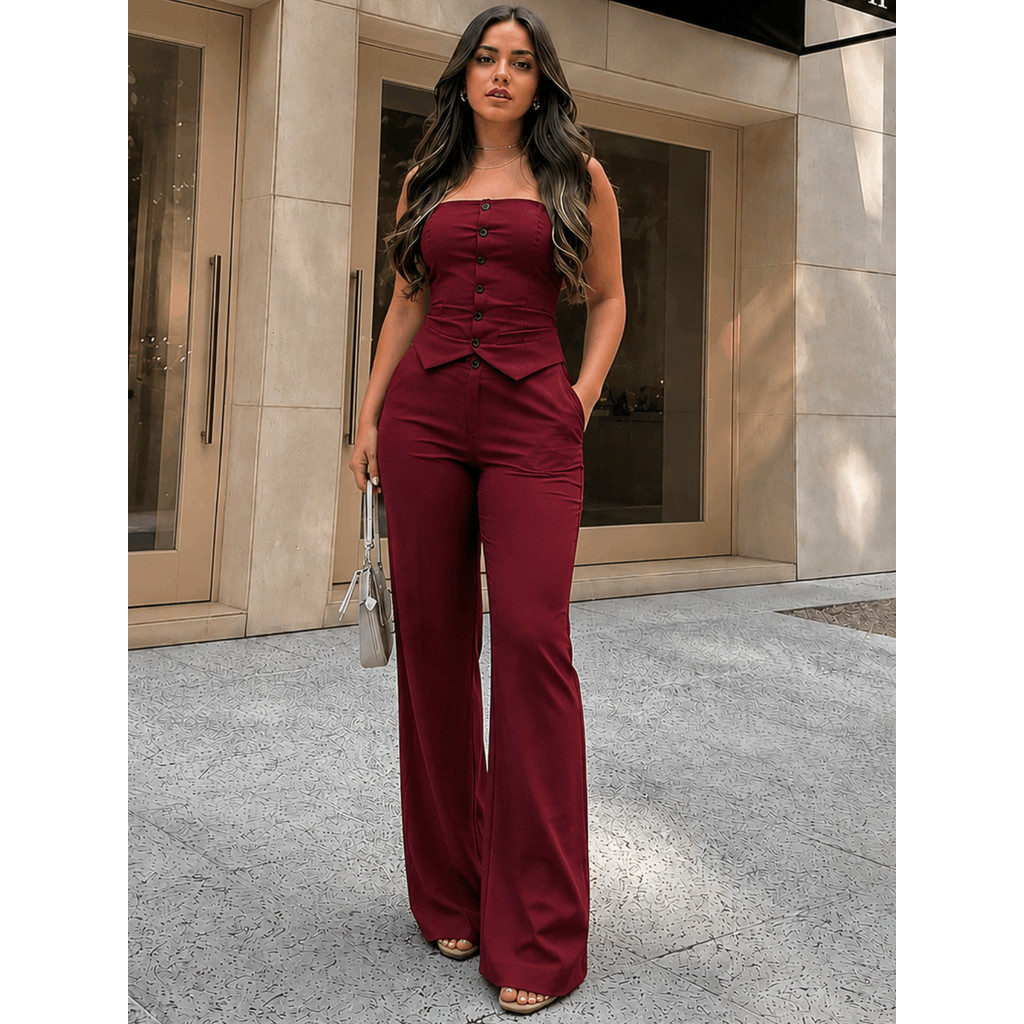 Conjunto Feminino Alfaiataria Cropped Tomara que Caia Social Calça Pantalona Blusa Elástico Lastex Botão Moda Verão