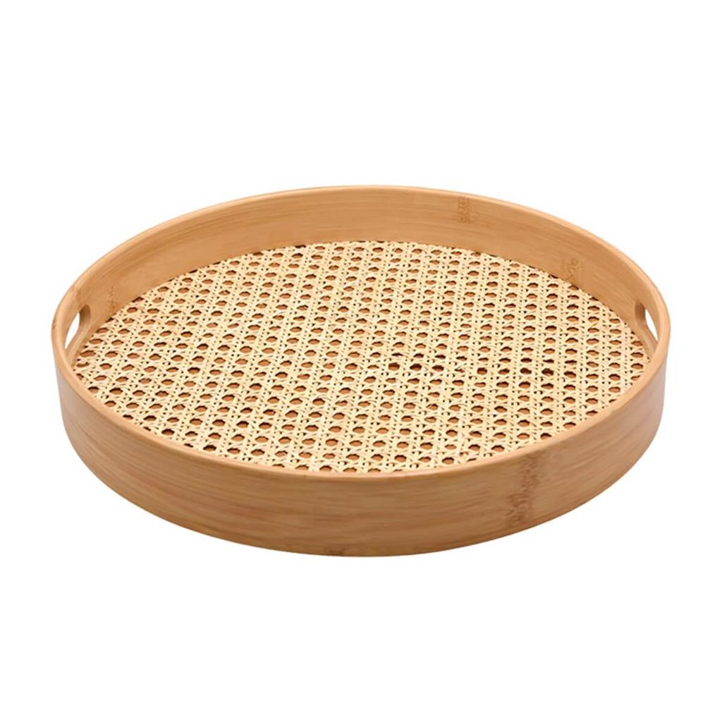 Bandeja Redonda de Bambu e Textura Palhinha Indiana Oikos 35cm Multiuso com Alças