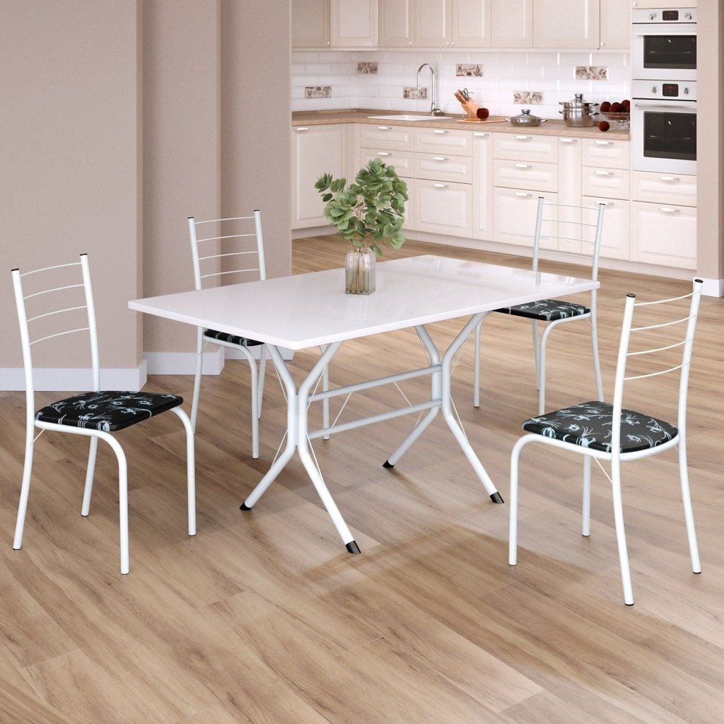Conjunto Sala de Jantar Mesa Retangular 120x75cm Tampo Madeira Mdp White 4 Cadeiras Rio Preto Floral/Branco