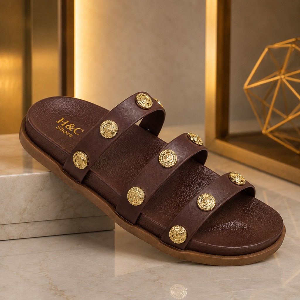 Sandália Feminina Papete Birken Slide Tiras Metais Dourados Casual Confortável ee Versátil H&C Shoes