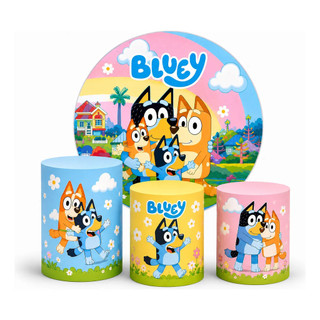Kit Decoração Capa Painel Redondo 150x150cm Mais Trio Capas Cilindros Tema Bluey Lançamento Tecido Premium Lavável