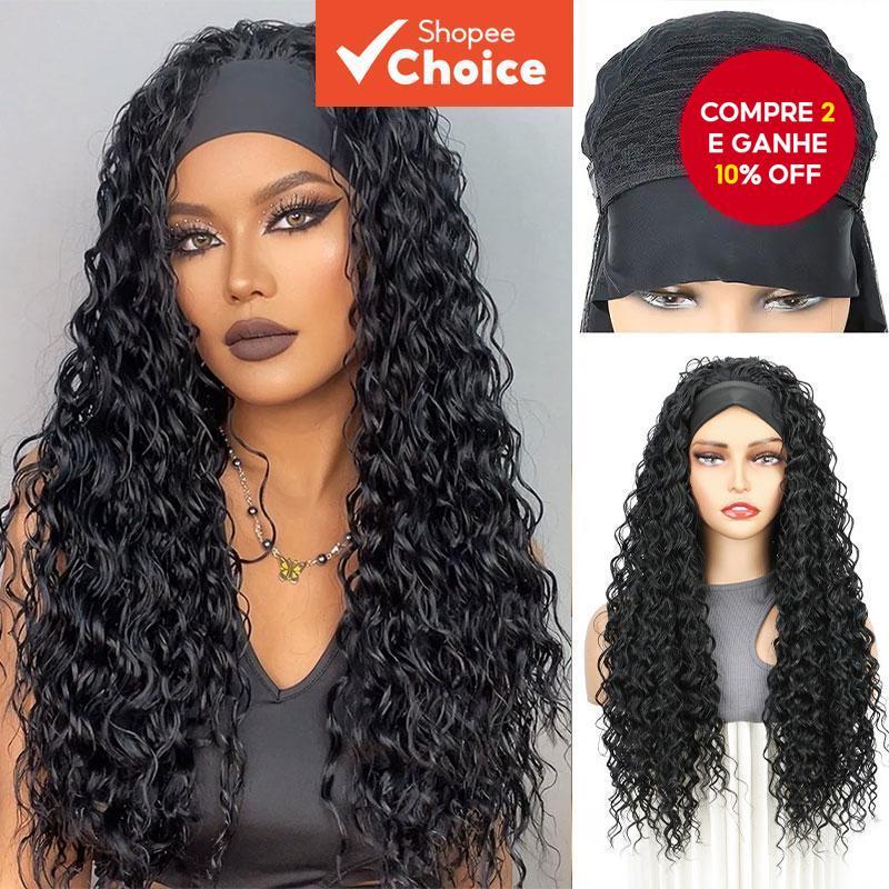  Peruca sintética com faixa de cabelo encaracolada, preta natural, longa, peruca de faixa de cabeça para mulheres