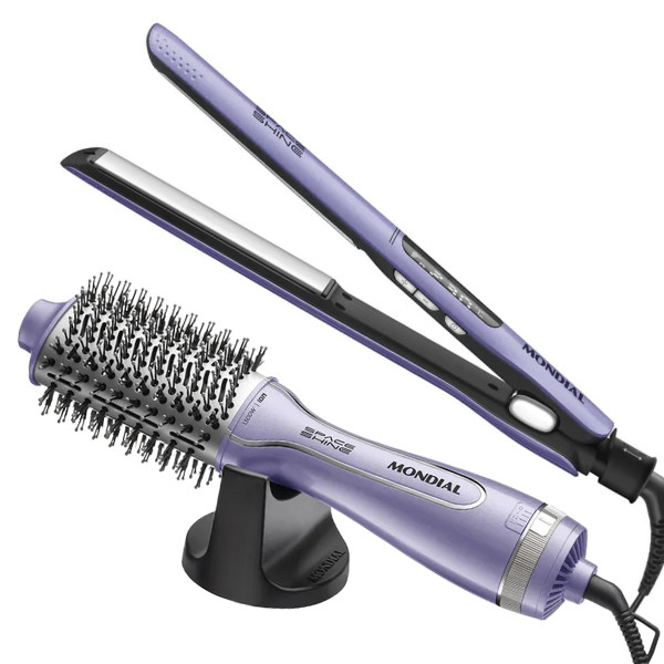 Kit Prancha Chapinha Escova Secadora Mondial Space Shine P26 ES21 Bivolt Íons Profissional