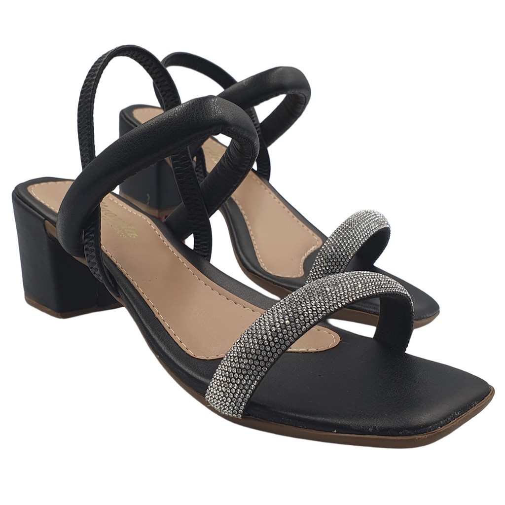 Sandália Feminina Salto Bloco 5cm Strass Pedraria Luxo Tira Abaulada Elástico Lançamento Confortável
