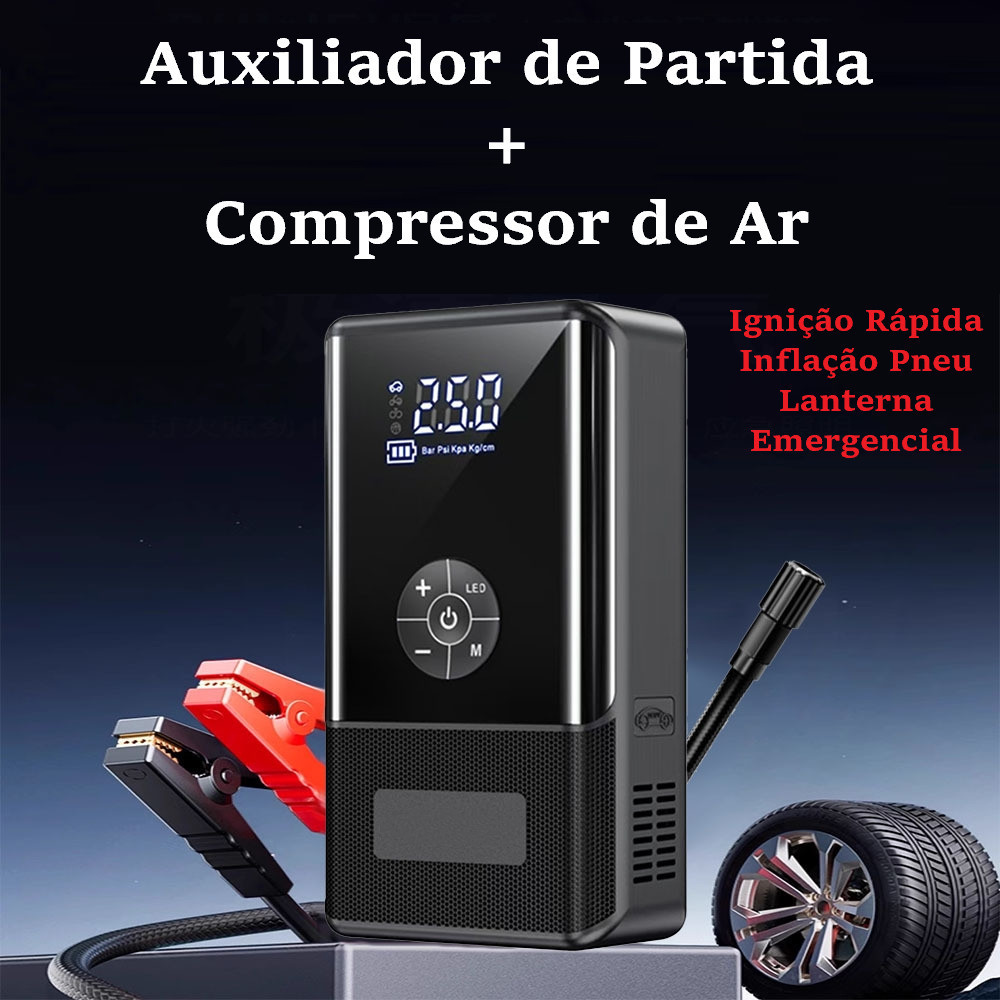 2 em 1 - Auxiliador Partida Compressor de Ar PowerBank Portátil Multifuncional Carregamento 12V ZEM
