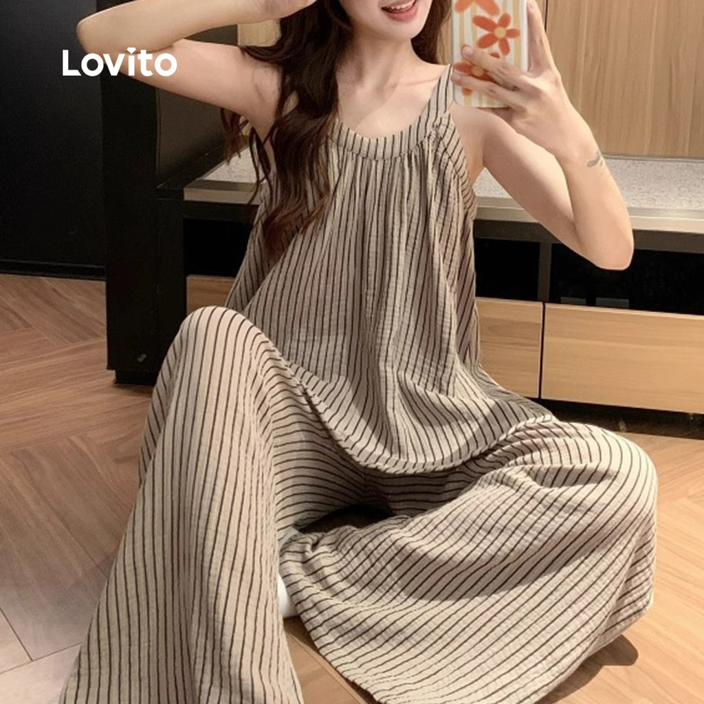 Lovito Conjunto De Pijama Casual Listrado De 2 Peças Folgado Para Usar Em Casa Em Tecido Fresco Para Mulheres LNE126092 em Oferta na Shopee