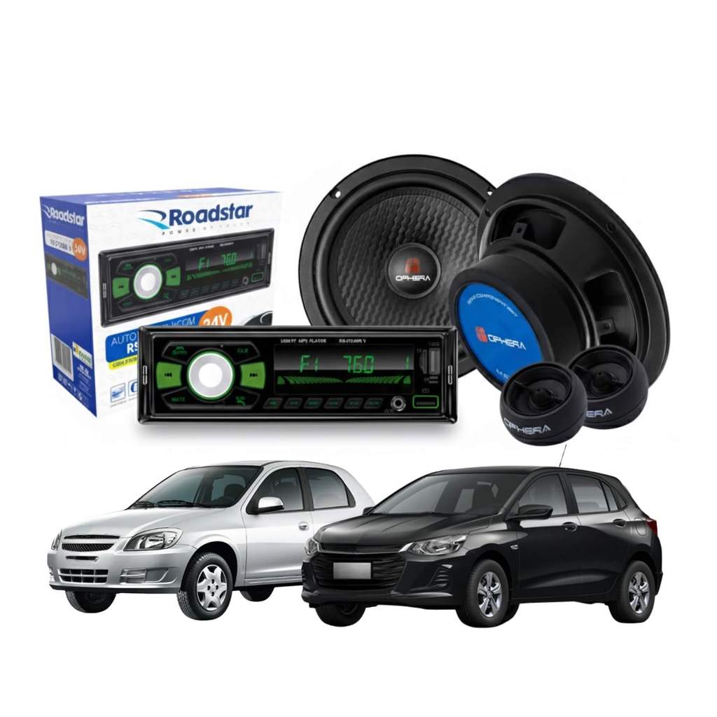 Kit Alto Falante Ophera 6,5" 160W RMS + Auto Rádio Roadstar p/ Celta/Classic/Corsa/Onix